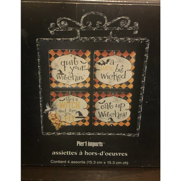 Vintage Pier One Halloween Appetizer Dessert Plates Set‎ Of 4 New in Box Witches - Picture 10 of 16